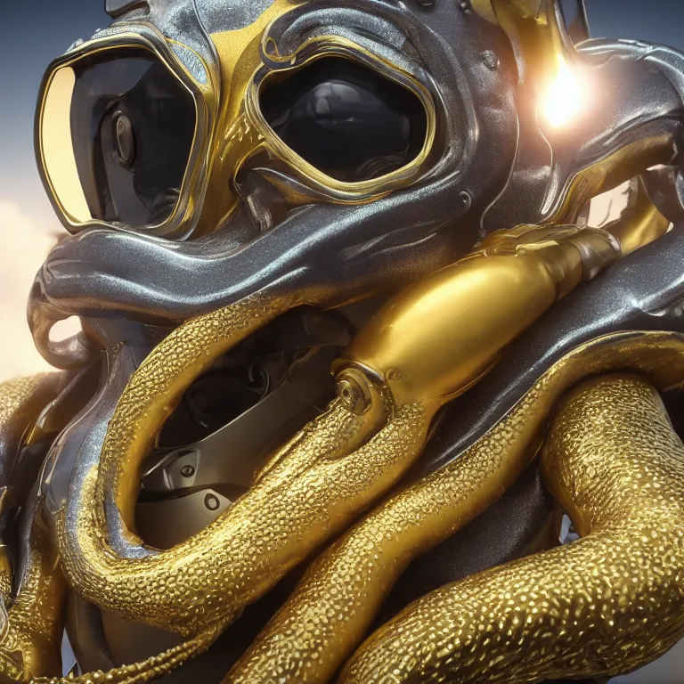 Prompt: octane render portrait by wayne barlow and carlo crivelli and glenn fabry, subject is a futuristic scuba diver wrapped up in and completely covered by giant long shiny reflective golden octopus tentacles, cinema 4 d, ray traced lighting, very short depth of field, bokeh