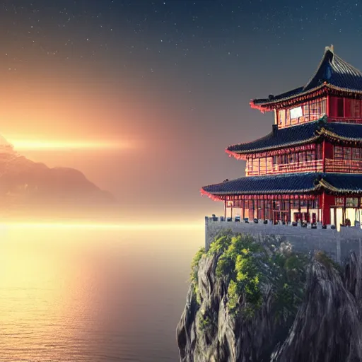 Prompt: a magnificent Chinese castle in the night sky above ocean, sense of awe, breathtaking, extremely detailed, concept art, environment concept, Rendered in Octane, trending on artstation, cgsociety, moody lighting rendered by octane engine, environment 8K artstation, cinematic lighting, intricate details, 4k detail post processing, hyperealistic, photo realism