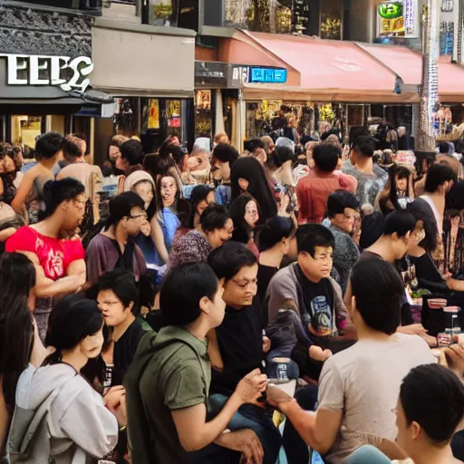 Image similar to photo of a crowd of people drinking boba milk tea staring at the camera, hyperrealistic, 4 k