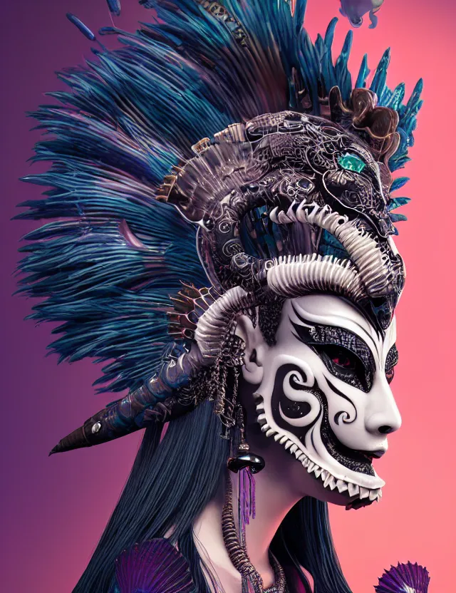 Image similar to 3 d goddess close - up profile portrait punk with mohawk with ram skull. beautiful intricately detailed japanese crow kitsune mask and clasical japanese kimono. betta fish, jellyfish phoenix, bio luminescent, plasma, ice, water, wind, creature, artwork by tooth wu and wlop and beeple and greg rutkowski