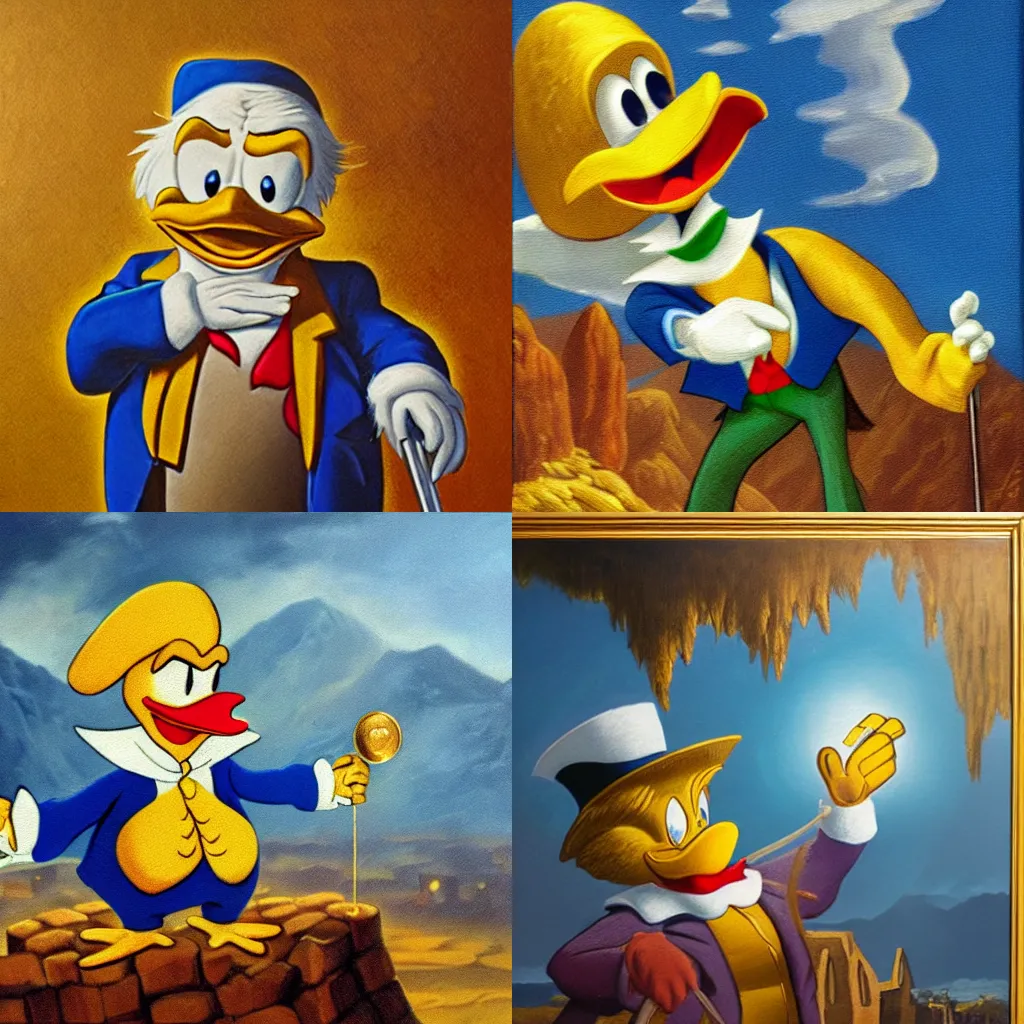 Prompt: Scrooge McDuck from the Duck Tales in blue costume standing on a mountain of gold and holding a cane, view from below, oil painting, highly detailed