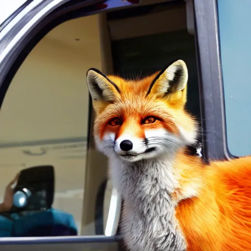 Image similar to anthropomorphic red fox driving bus