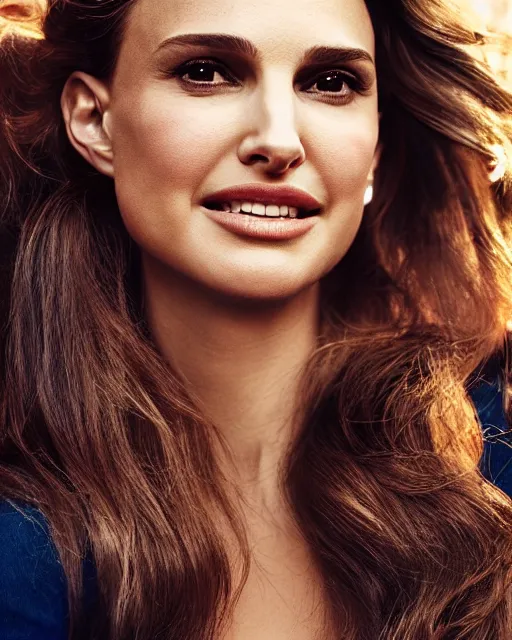 Prompt: Beautiful Head and shoulders portrait of confident flirty Natalie Portman with straight long brown hair, by Zoë Mozert , Stephen Wayda , alberto Vargas, arney freytag, artstation, 35mm, fashion photoshoot, posing in an urban street, golden hour, bokeh, rim lighting, fashion pose, octane, 4k