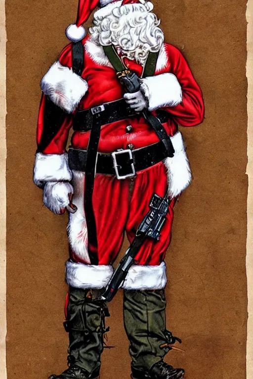 Image similar to concept of a jolly Santa Claus holding a M61 Vulcan machine gun and wearing an army harness vest full of pouches, full body concept in the style of Norman Rockwell and Simon Bisley