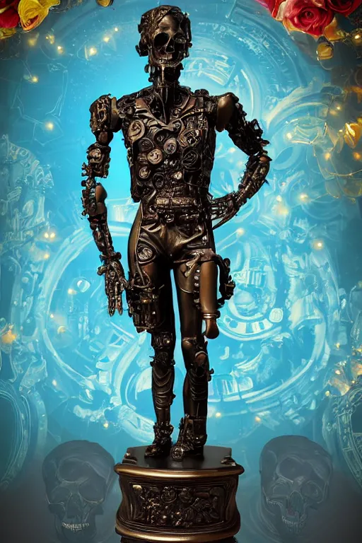 Image similar to full-body cyberpunk style bronze statue of a young handsome Spanish prince half android with a chest opening exposing circuitry and a sparking motherboard, glowing blue eyes, crown of peach roses, flowing teal-colored silk, fabric, flowers. baroque elements, human skull. full-length view. baroque element. intricate artwork by caravaggio. many many birds birds on background. Trending on artstation, octane render, cinematic lighting from the right, hyper realism, octane render, 8k, depth of field, 3D