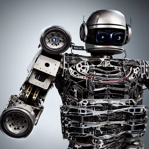 Image similar to humanoid robot made up of old car parts and electronics, hyper realistic, high quality, high resolution