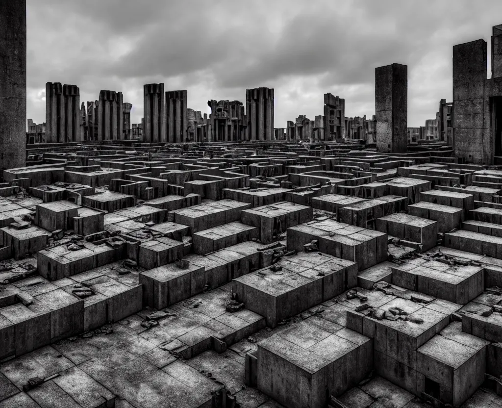 Prompt: wide angle view of a deserted city ruins with brutalism architecture and stone buildings, overcast weather. very detailed, ultra - realistic, 4 k.