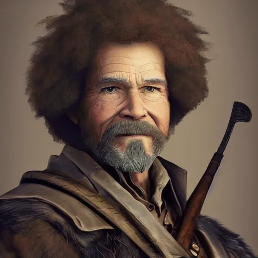 Prompt: an ultra detailed vector image of bob ross dressed as the hunter from bloodborne, concept art by alphonse mucha and greg rutkowski, praise the blood moon, octane render, liminal space