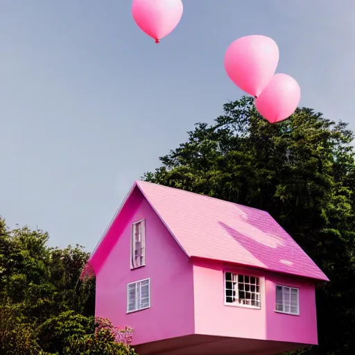 Image similar to dream a 5 0 mm lens photograph of a cute pink floating modern house, floating in the air between clouds, inspired by the movie up, held up from above by heart ballons. mist, playful composition canon, nikon, award winning, photo of the year