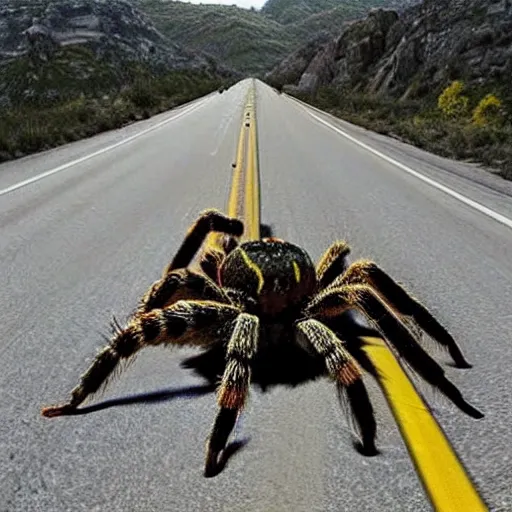 Prompt: real photo of a giant tarantula over the highway