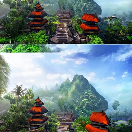 Image similar to A beautiful, perfect, impressive, amazing concept art digital CG painting of a place in Bali, trending on ArtStation, Unreal Engine