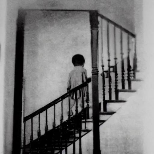 Prompt: old photo, faceless child at the top of a staircase, peering over