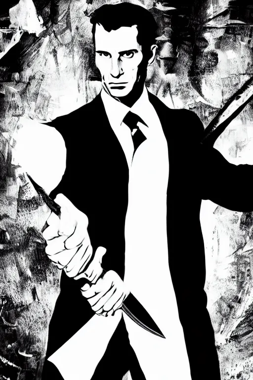 Image similar to black and white illustration of Patrick Bateman holding a big knife, neo noir style, Frank Miller creative design, body horror