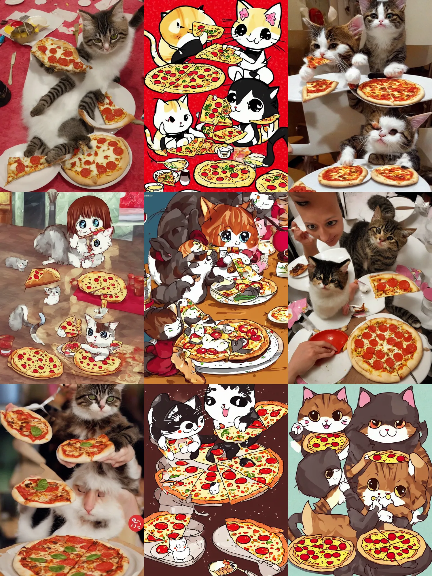 Prompt: one chibi cute cat eating pizza, Japanese kawaii style