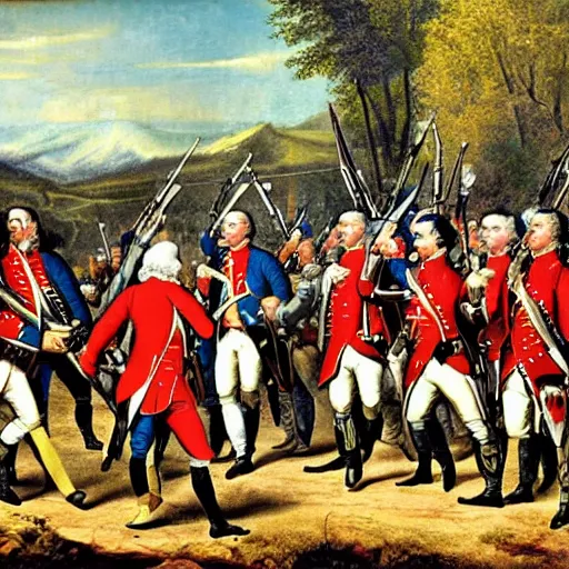 Image similar to joe rogan, george washington, keanu reeves, with ak 4 7 and ar 1 5 s fighting against the redcoats in the revolutionary war