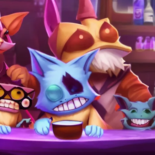 Image similar to yordles from TFT hanging out with his best friends at the bar