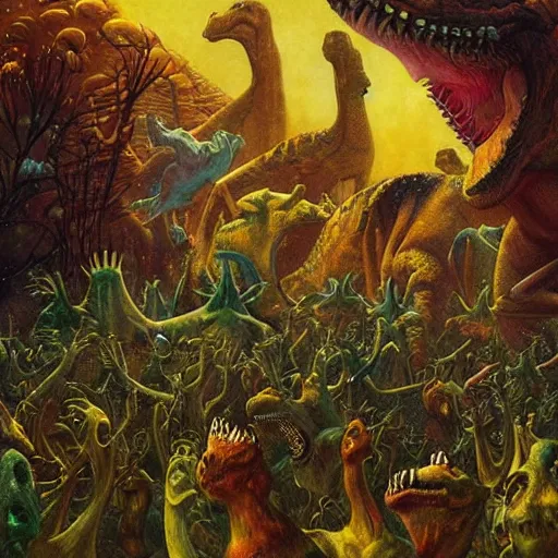 Prompt: A group of dinosaurs dancing in a rave party at ozora festival by Esao Andrews and Karol Bak and Zdzislaw Beksinski