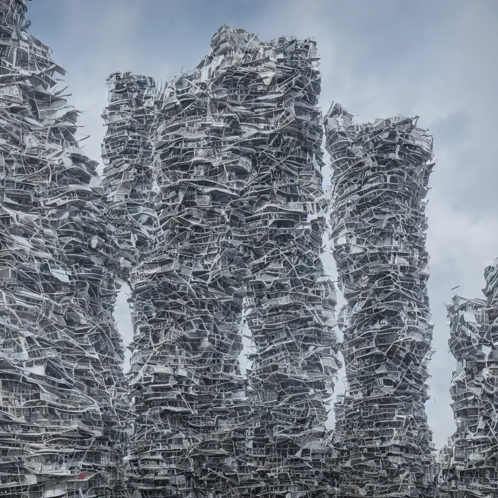 Prompt: a tower made up of makeshift squatter shacks, dystopia, sony a 7 r 3, f 1 1, fully frontal view, photographed by zaha hadid, ultra detailed,