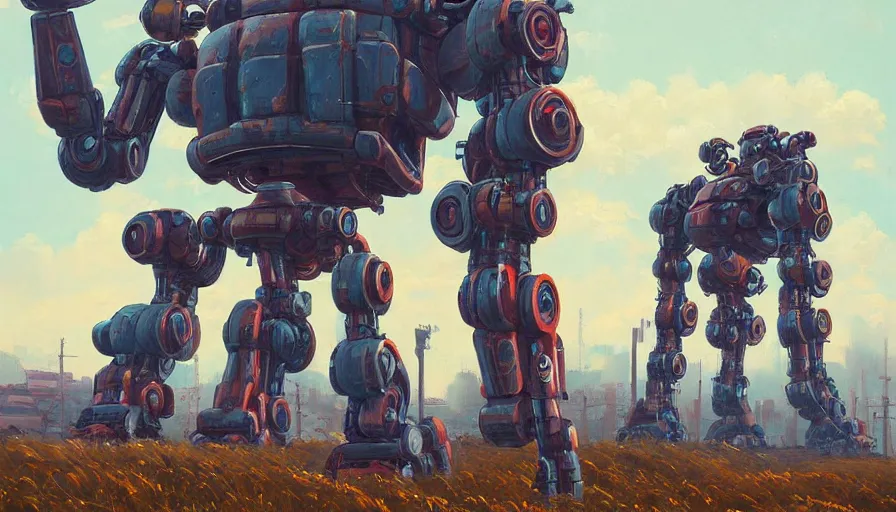 Image similar to an intricate oil painting of a giant scrap metal anime mecha with rounded components by simon stalenhag