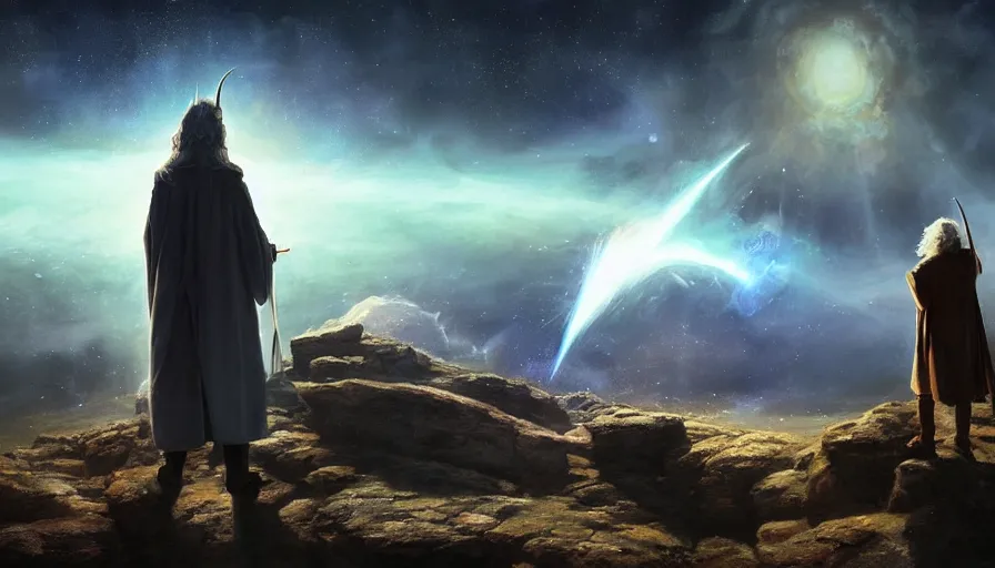 Image similar to a beautiful painting of gandalf watching a supernova in the sky of an alien world, ray traced lighting by jean kalin popov and greg rutkowski