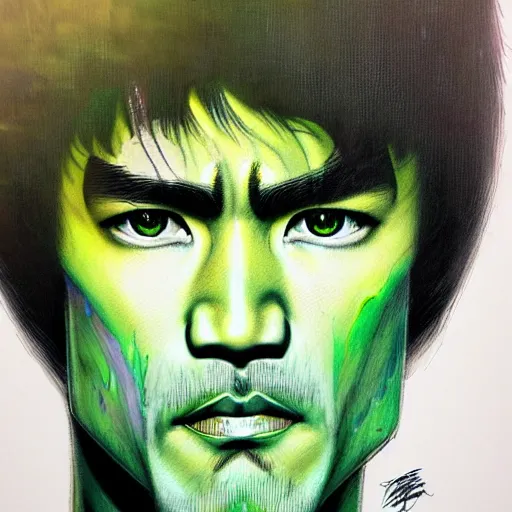 Image similar to a demon slayer portrait of bruce lee, tall, pale - skinned, and slender with lime green eyes and long eyelashes by stanley artgerm, tom bagshaw, arthur adams, carne griffiths, trending on deviant art, street art, face enhance, chillwave, maximalist, full of color, glittering