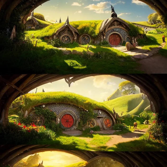 Prompt: Authentic illustrations of The Hobbiton from The Lord of the Rings,Magnificent super wide angle,high quality, 8k,high resolution, city landscape, side scrolling, Rule of Thirds, 4K, Retrofuturism,by makoto shinkai,Anton Fadeev, thomas kinkade,greg rutkowski