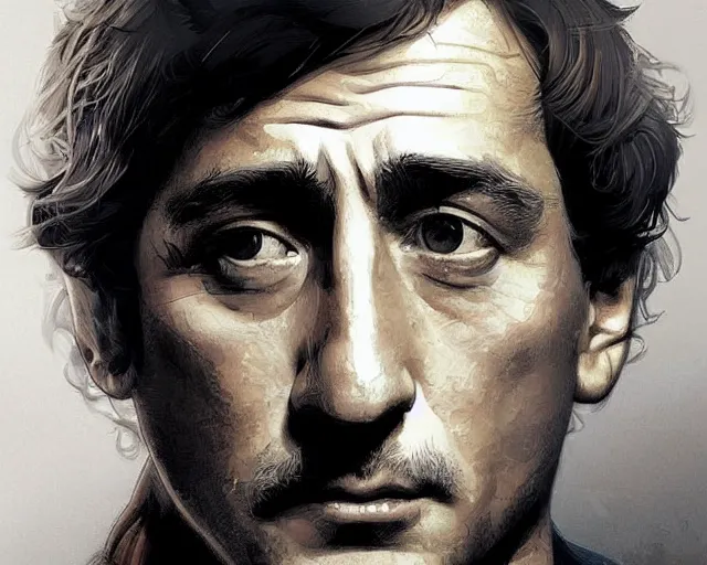 Image similar to portrait of a young robert de niro young in th 8 0's, intricate, highly detailed, digital painting, artstation, concept art, sharp focus, illustration, art by artgerm and greg rutkowski and alphonse mucha