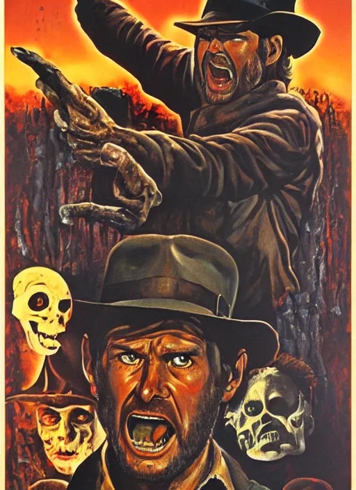 Prompt: creepy horror 1 9 8 6 poster for indiana jones. oil on canvas. print.