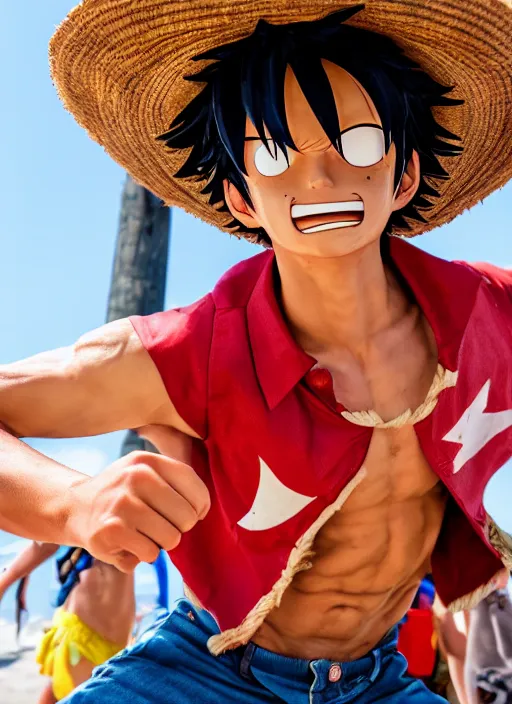 Image similar to A full portrait photo of real-life luffy one piece, f/22, 35mm, 2700K, lighting, perfect faces.