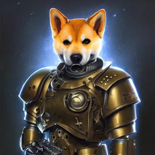 Image similar to warhammer 4 0 k emperor armor realistic cyborg anthropomorphic shiba inu scifi cyberpunk x - ray, portrait art by donato giancola and greg rutkowski, realistic face, x - ray fields glowing in tesla electricity visible magnetic field, digital art, trending on artstation, symmetry