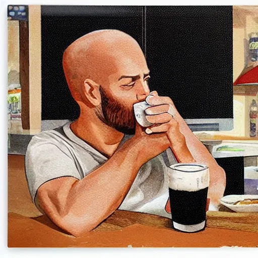 Prompt: Guy who drink beer while watching TV, junk foods, by Philippe Vuillemin