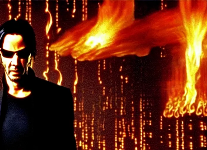 Image similar to Movie still of Keanu Reeves as Neo in The Matrix movie doing a thumb up to the camera in front on burning servers, servers in flames in the background, doing a thumb up, The Matrix servers on fire, uncropped, full body, crispy, symmetrical face, ultra detailed, cinematic, thumb up, double thumb up to the camera