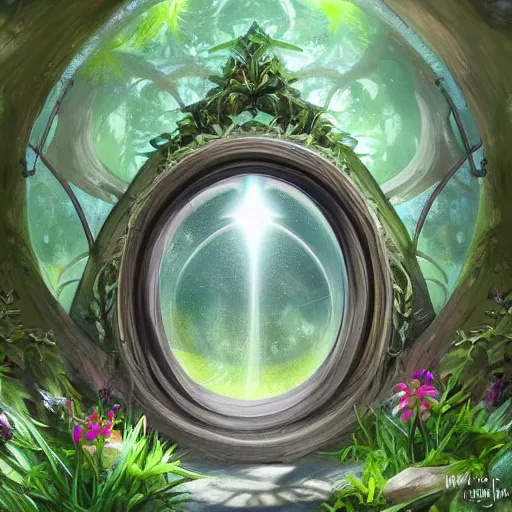 Image similar to a portal in a mysterious garden filled with spherical plants, trending on art station