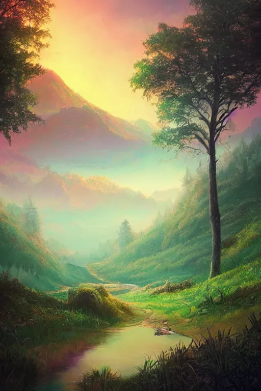 Image similar to beautiful matte painting style synthwave, whimsical art fantasy path mountains and meadow in the background near a lake reflecting the trees, atmospheric lighting, painted, intricate, volumetric lighting, beautiful, rich deep colors masterpiece, sharp focus, ultra detailed by