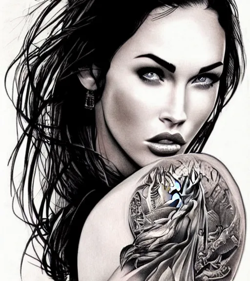 Prompt: tattoo design sketch of megan fox face against a background of beautiful mountains and nature, hyper - realistic, in the style of den yakovlev, amazing detail, black and white
