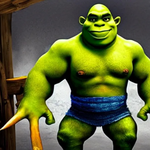 Prompt: cross breed of shrek and chuck norris