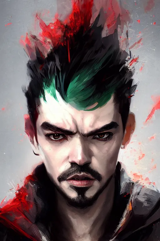 Image similar to A fancy portrait of jacksepticeye by Greg Rutkowski, Sung Choi, Mitchell Mohrhauser, Maciej Kuciara, Johnson Ting, Maxim Verehin, Peter Konig, devil may cry, 8k photorealistic, cinematic lighting, HD, high details, dramatic, dark atmosphere, trending on artstation