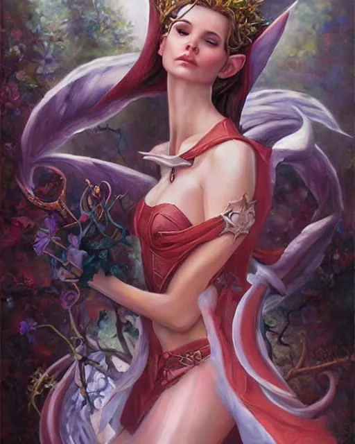 Image similar to a beautiful elf princess, oil painting, by laura sava and julie bell