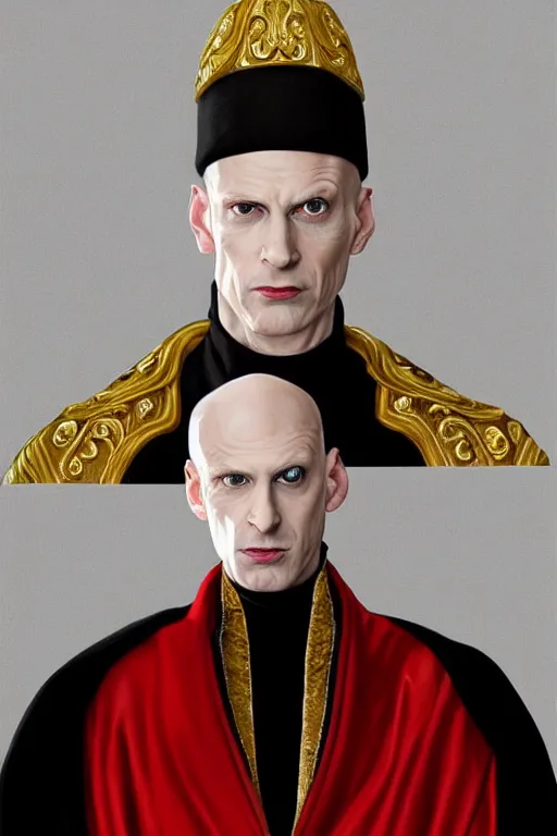 Image similar to a bald pale man in his late ninetees. stately and dour in his expression. eyeliner accentuates his sunken eyes. a high black turtleneck covers his thin neck. opulent white golden red robe. white leather gloves with gold decoration, sharp focus, illustration, digital painting, art by magali villeneuve