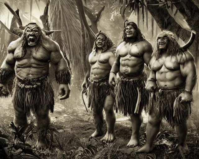 Image similar to hyper realistic group vintage photograph of a live action warcraft orc warrior tribe in the jungle, tall, hulk like physique, detailed faces, tribal paint, tribal armor, grain, old, monochrome, sepia toned, realistic lighting, wide angle