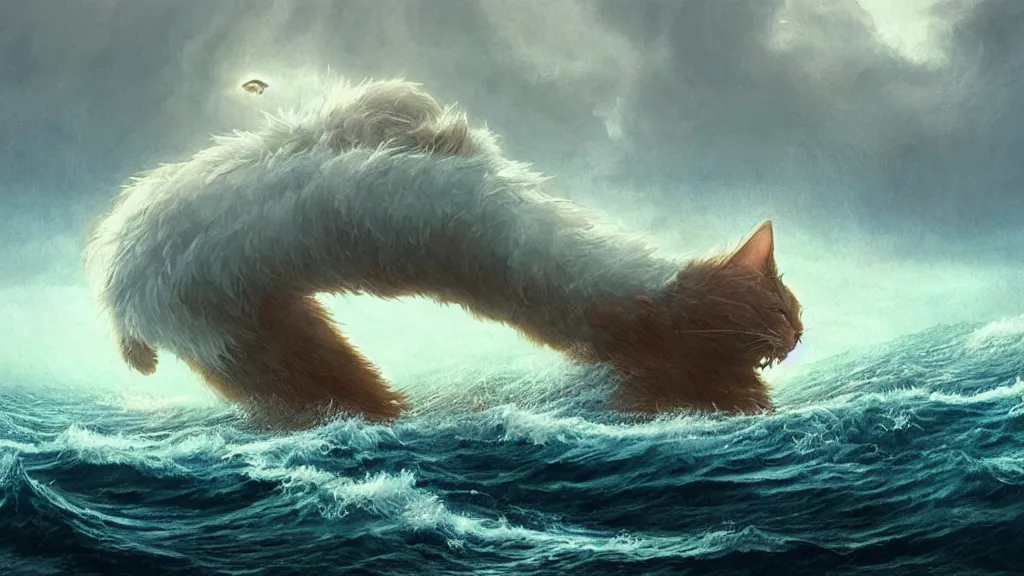 Image similar to a gigantic cat bursting out of a stormy sea attacking a small sail boat, wet fur, giant waves, sunbeams in background, intricate, detailed, volumetric lighting, sharp focus, scenery, photorealism, digital painting, highly detailed, concept art, by roger dean and simon stalenhag and mark brooks