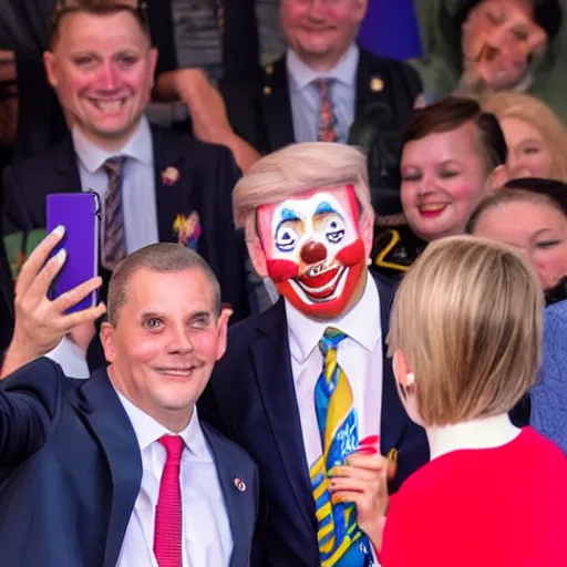 Image similar to a president with clown face taking a selfie in a podium next to first minister