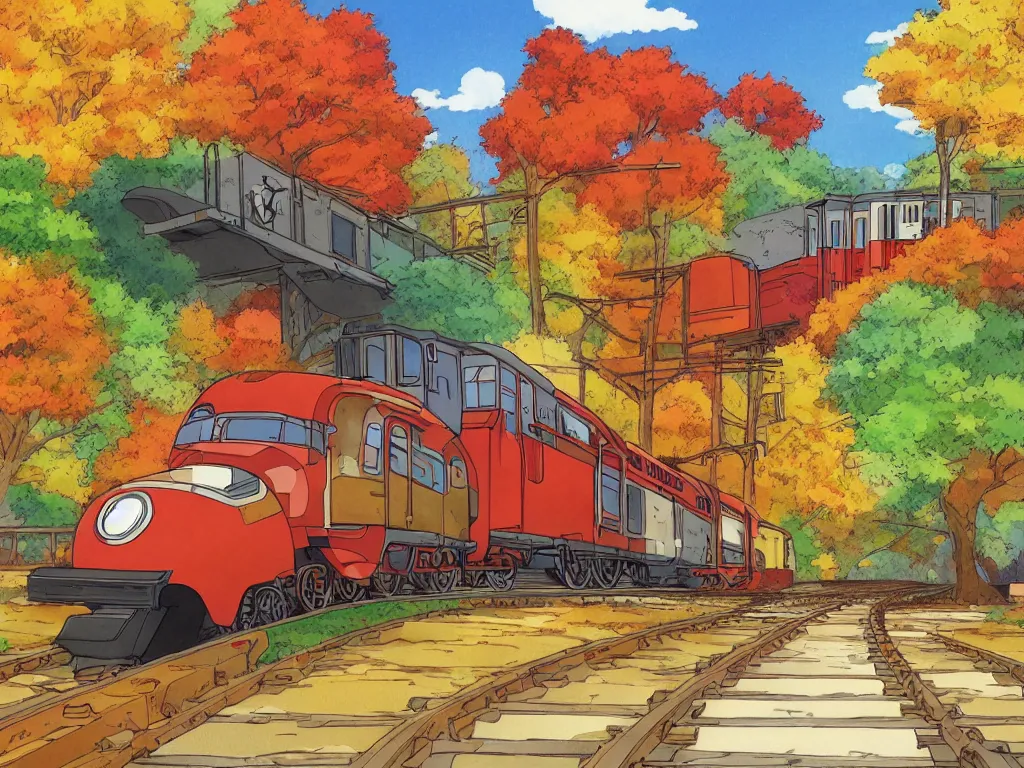 Image similar to longitudinal cut sideview of a anime train, autumn light, colorful, beautiful, by studio ghibli, by hayao miyazaki, digital art, concept art, manga, cute and adorable, illustration