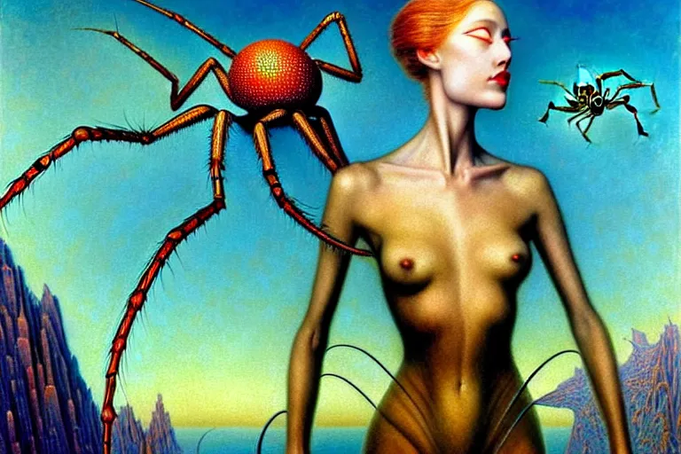 Prompt: realistic extremely detailed portrait painting of a fully dressed woman with a giant spider, futuristic sci-fi landscape on background by Jean Delville, Amano, Yves Tanguy, Ernst Haeckel, Edward Robert Hughes, Roger Dean, rich moody colours, blue eyes
