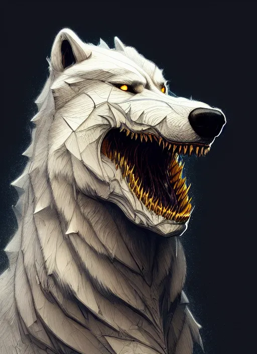 Image similar to anthropomorphic dire wolf irontooth biter, intricate, elegant, highly detailed animal monster, digital painting, artstation, concept art, smooth, sharp focus, illustration, art by artgerm and greg rutkowski and alphonse mucha, 8 k