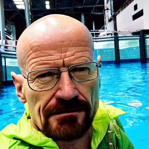 Image similar to walter white selfie at indoor water park with tropical plants