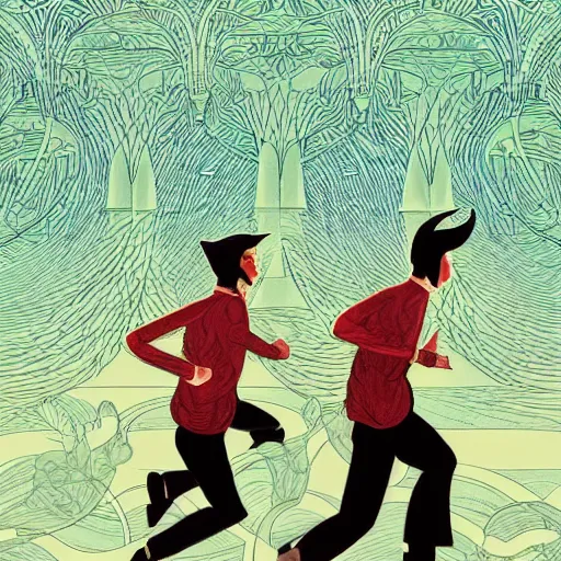 Image similar to a drawing of two men running together, a poster by victo ngai, pixiv contest winner, art nouveau, official art, wiccan, tarot card