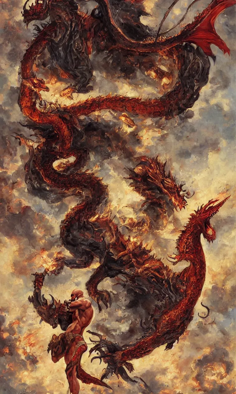 Image similar to a detailed oil painting rendition of kratos as lebron james riding a gigantic fire breathing dragon, art by norman rockwell