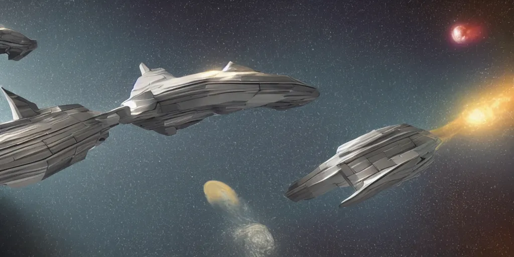 Prompt: a 3 d render of a giant spaceships surfing through galaxies,