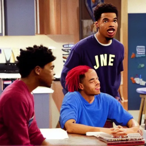 Image similar to a tv still of Chance The Rapper starring as a black college student at Jones College Prep in a 1993 sitcom